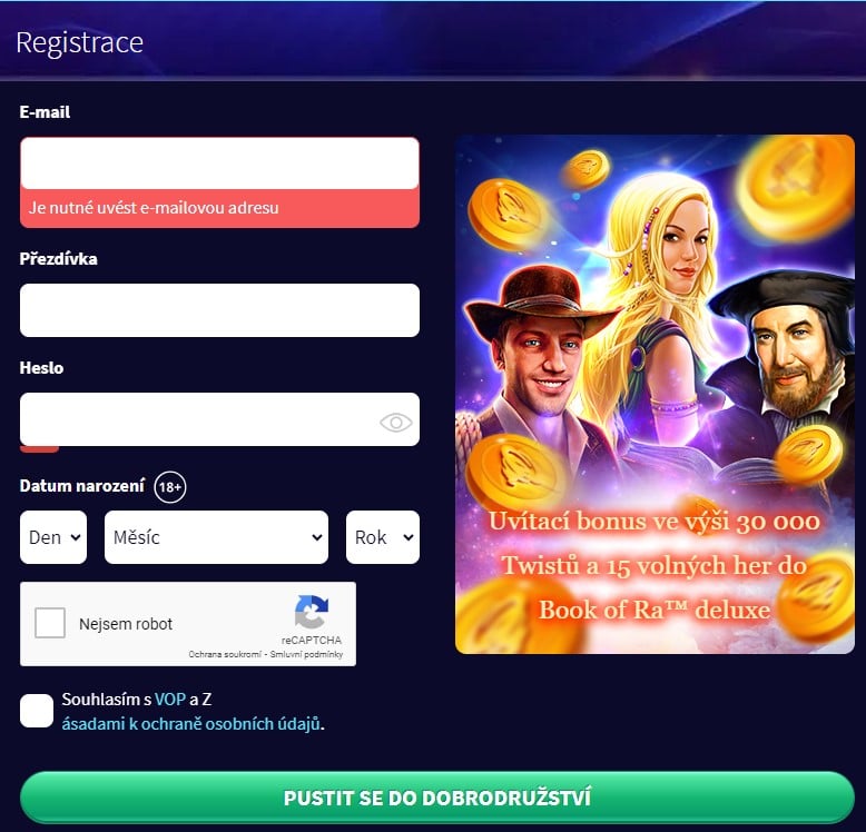 Registrační formulář Gametwist casino