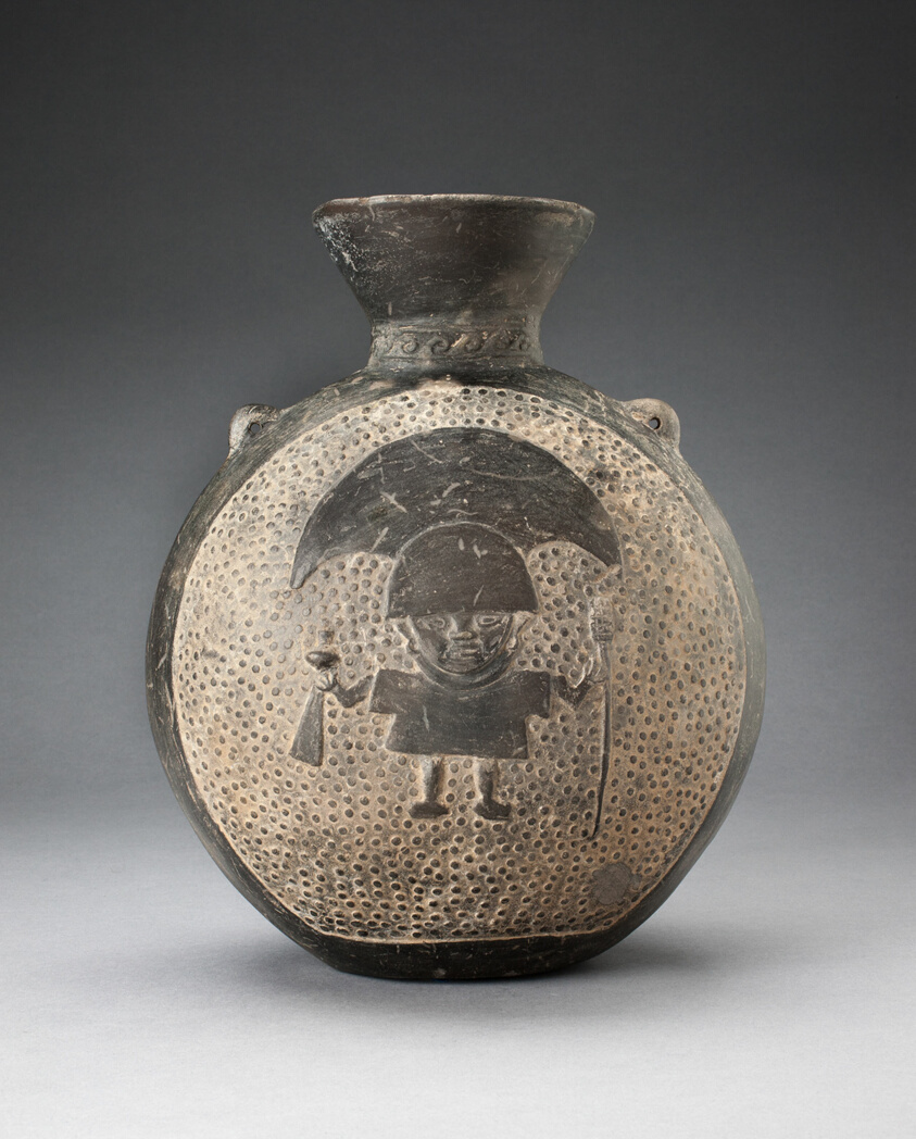 Jar with Relief of Standing Figure with Crescent Headdress, Holding Ritual Objects (1200-1450) // Chimú North coast, Peru