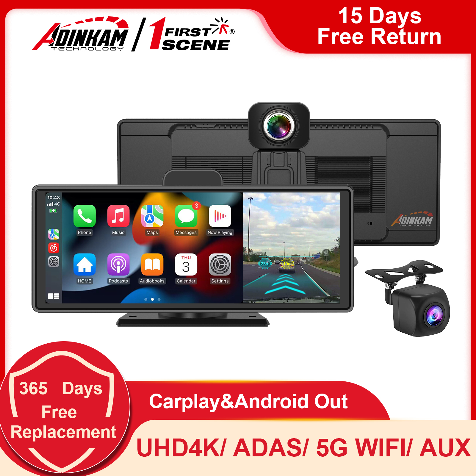 Upgraded\uff0110.26 Inch 5G WIFI ADAS Dash Cam ADINKAM Portable Carplay ...