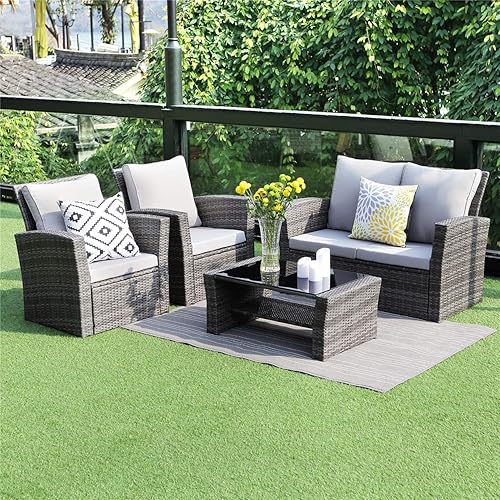 Ainfox Outdoor Patio Furniture on Clearance 7-Pieces PE Rattan Wicker  Sectional Sofa Sets with Blue Pillows,Cushions+ White Pillows - Walmart.com