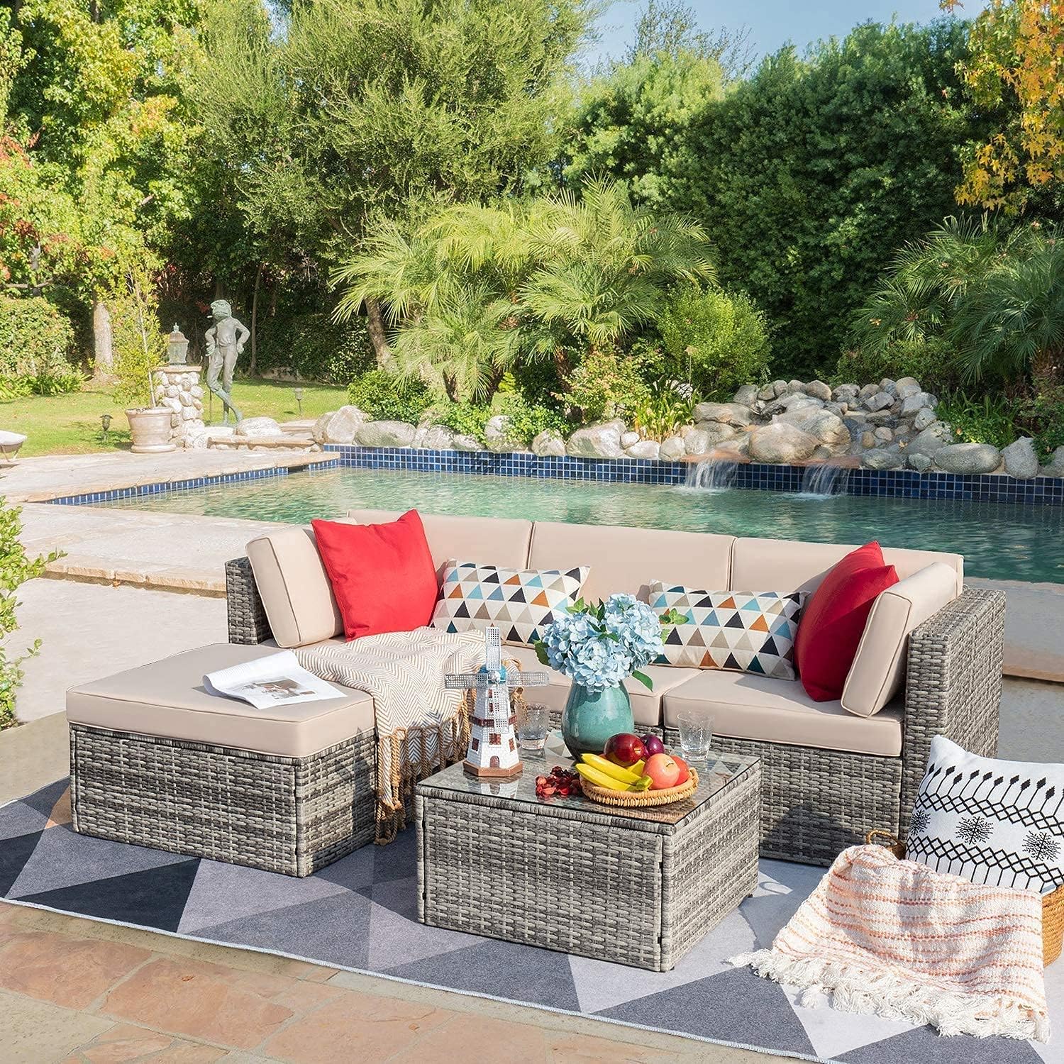Amazon.com: Vongrasig 6 Piece Small Patio Furniture Sets, Outdoor Sectional  Sofa All Weather PE Wicker Patio Sofa Couch Garden Backyard Conversation Set  with Glass Table,Beige Cushions and Red Pillows (Beige) : Patio,