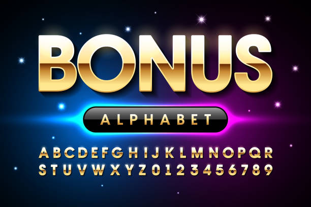 Welcome Bonus casino banner font Welcome Bonus casino banner design font, alphabet letters and numbers vector illustration casino stock illustrations