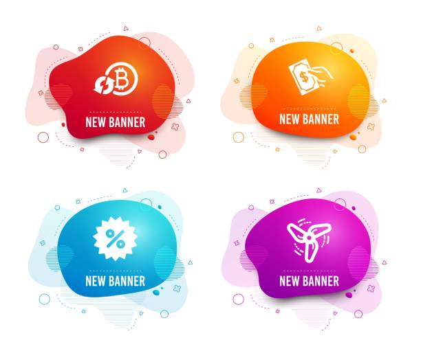 Pay money, Discount and Refresh bitcoin icons. Wind energy sign. Vector Liquid badges. Set of Pay money, Discount and Refresh bitcoin icons. Wind energy sign. Hold cash, Special offer, Update cryptocurrency. Ventilator. Gradient pay money icon. Flyer fluid design spin better coupon code stock illustrations