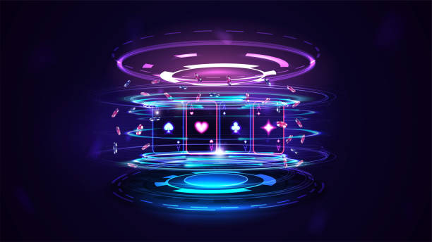 Neon Casino playing cards with poker chips and hologram of digital rings in dark empty scene Neon Casino playing cards with poker chips and hologram of digital rings in dark empty scene casino stock illustrations